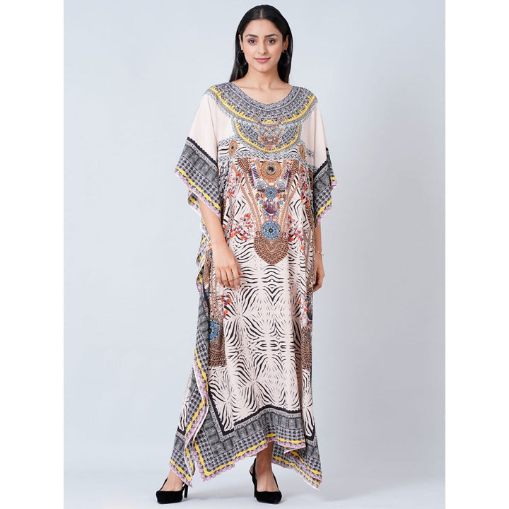 First Resort by Ramola Bachchan Grey Zebra Print Embellished Silk Full Length Kaftan