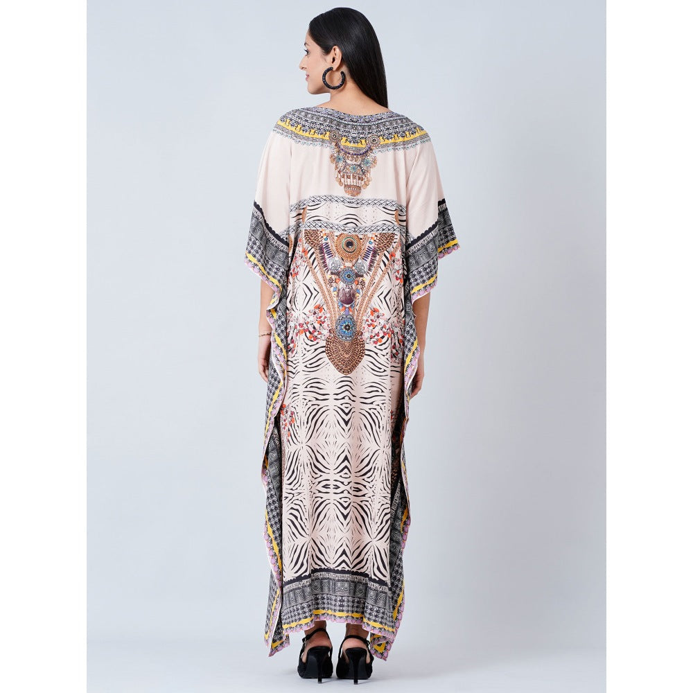 First Resort by Ramola Bachchan Grey Zebra Print Embellished Silk Full Length Kaftan