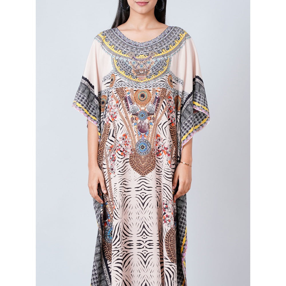 First Resort by Ramola Bachchan Grey Zebra Print Embellished Silk Full Length Kaftan