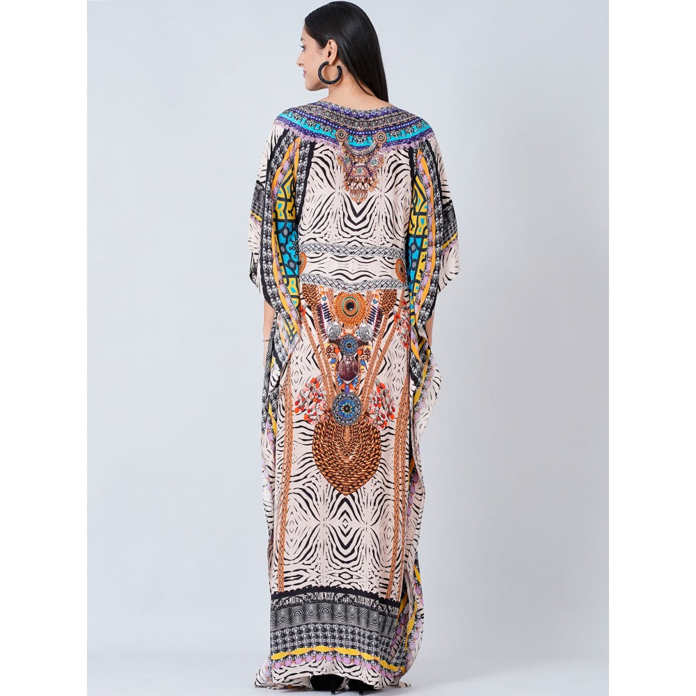 First Resort by Ramola Bachchan Multi-Color Zebra Animal Print Embellished Silk Kaftan