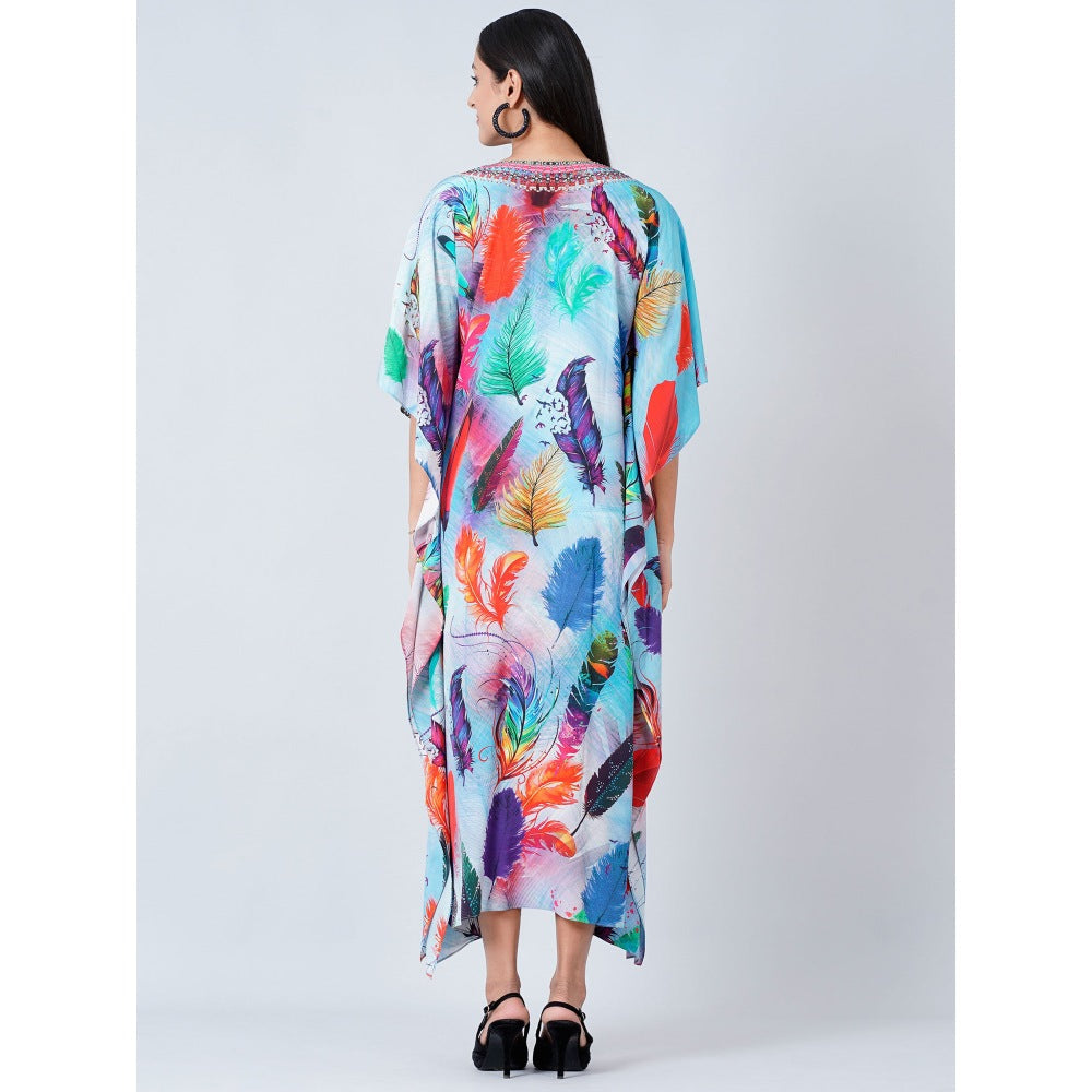 First Resort by Ramola Bachchan Multi-Color Feather Print Embellished Silk Full Length Kaftan