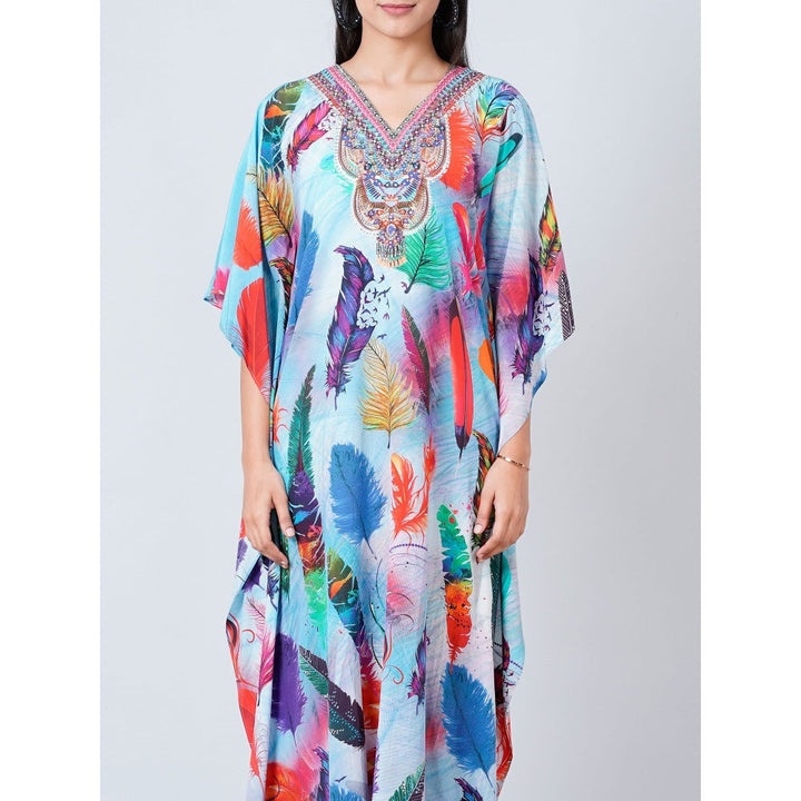 First Resort by Ramola Bachchan Multi-Color Feather Print Embellished Silk Full Length Kaftan