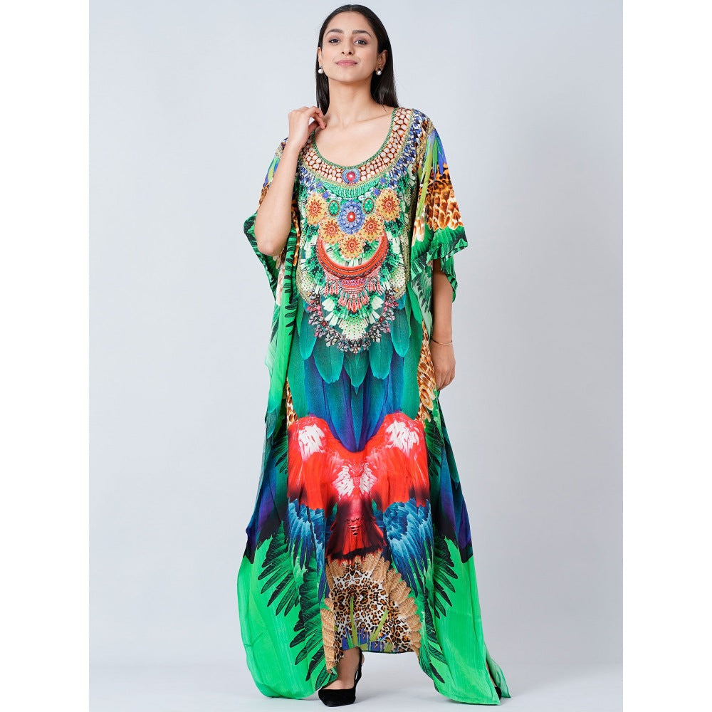 First Resort by Ramola Bachchan Green and Blue Tribal Embellished Silk Full Length Kaftan
