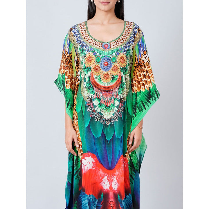 First Resort by Ramola Bachchan Green and Blue Tribal Embellished Silk Full Length Kaftan