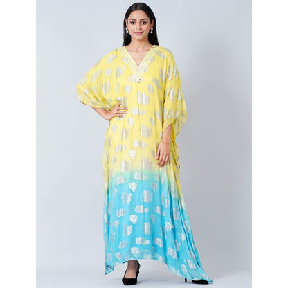 First Resort by Ramola Bachchan Yellow and Blue Ombre Full Length Kaftan