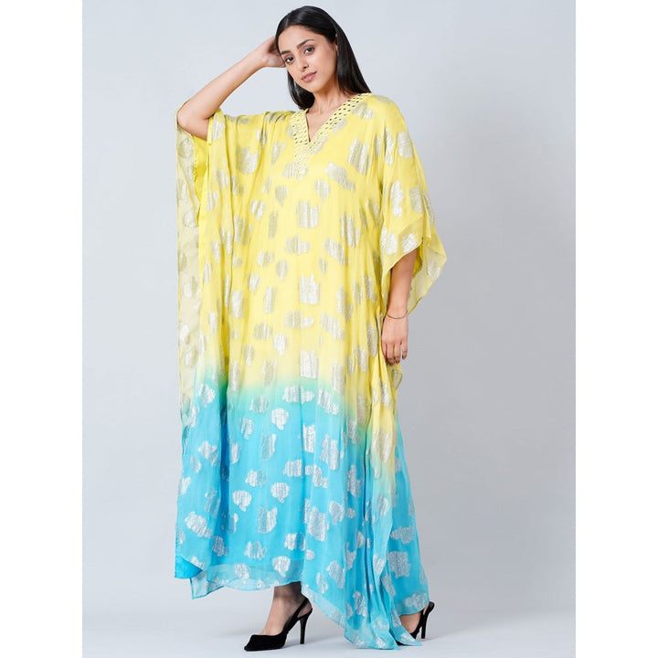 First Resort by Ramola Bachchan Yellow and Blue Ombre Full Length Kaftan
