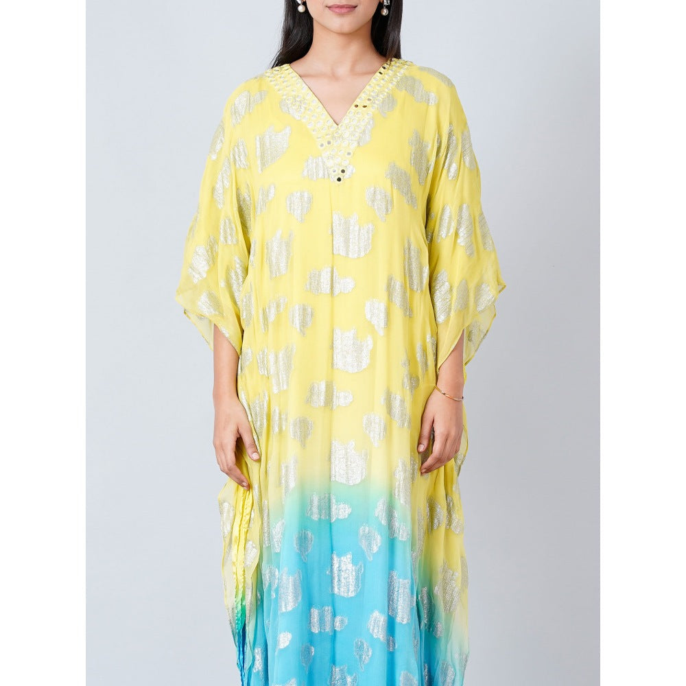 First Resort by Ramola Bachchan Yellow and Blue Ombre Full Length Kaftan