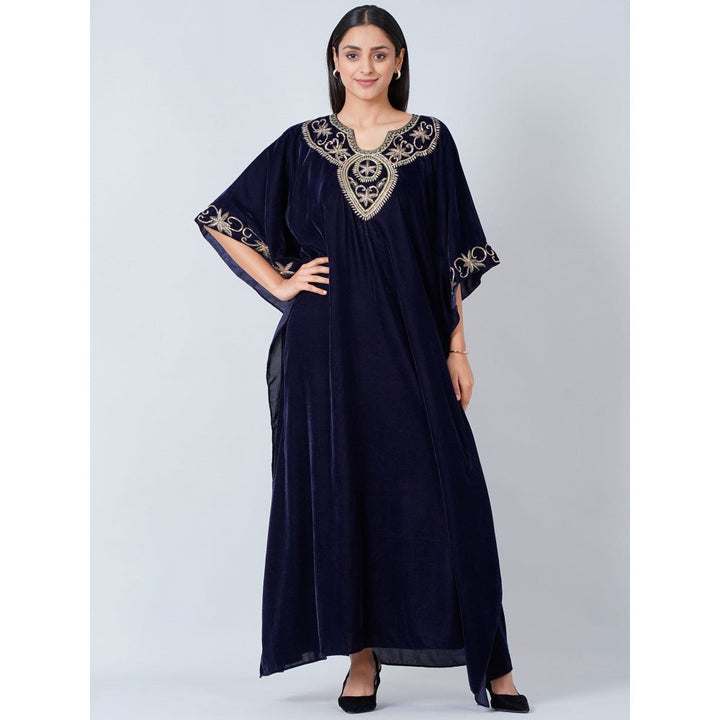 First Resort by Ramola Bachchan Navy Blue Gold Embroidered Silk Velvet Full Length Kaftan