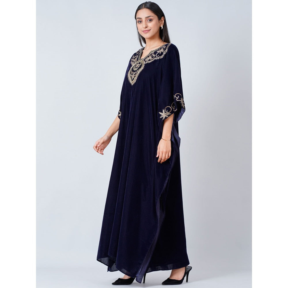 First Resort by Ramola Bachchan Navy Blue Gold Embroidered Silk Velvet Full Length Kaftan