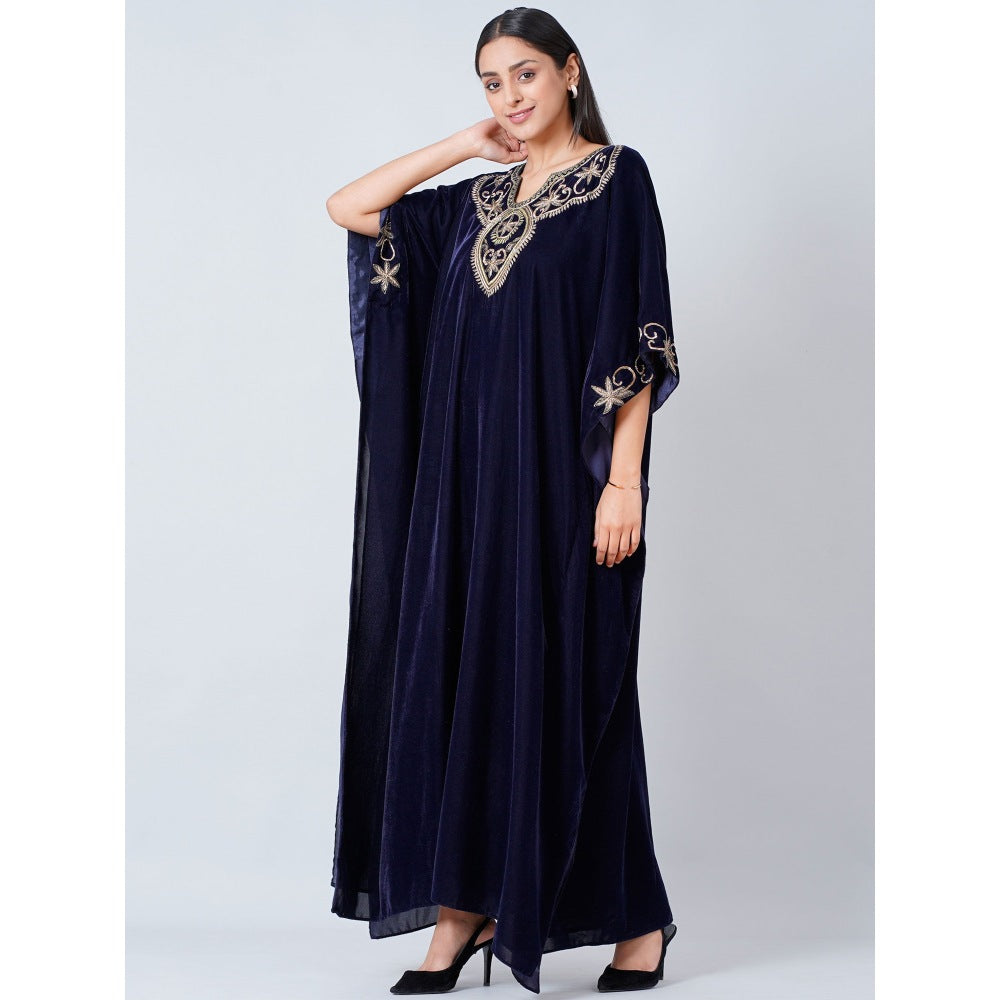 First Resort by Ramola Bachchan Navy Blue Gold Embroidered Silk Velvet Full Length Kaftan
