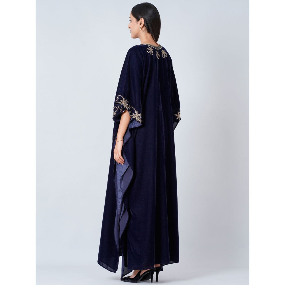 First Resort by Ramola Bachchan Navy Blue Gold Embroidered Silk Velvet Full Length Kaftan