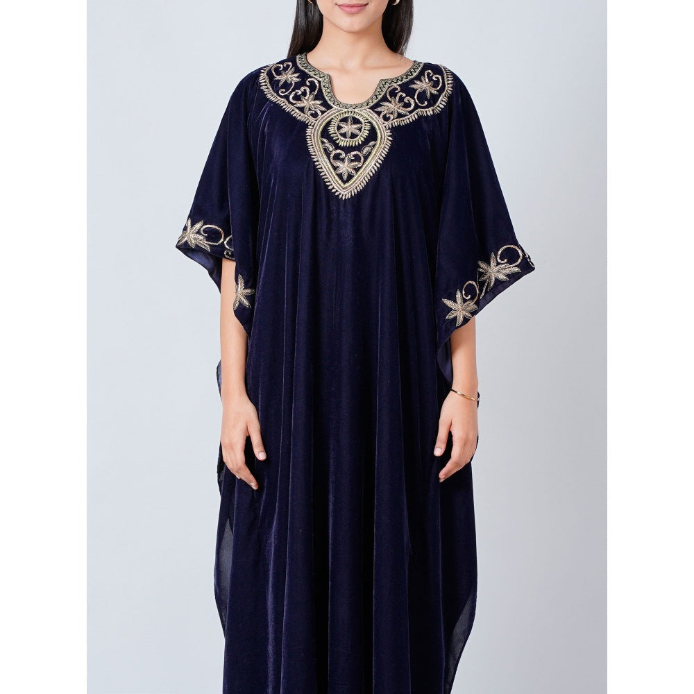 First Resort by Ramola Bachchan Navy Blue Gold Embroidered Silk Velvet Full Length Kaftan