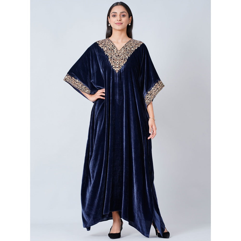 First Resort by Ramola Bachchan Blue Embroidered Silk Velvet Full Length Kaftan