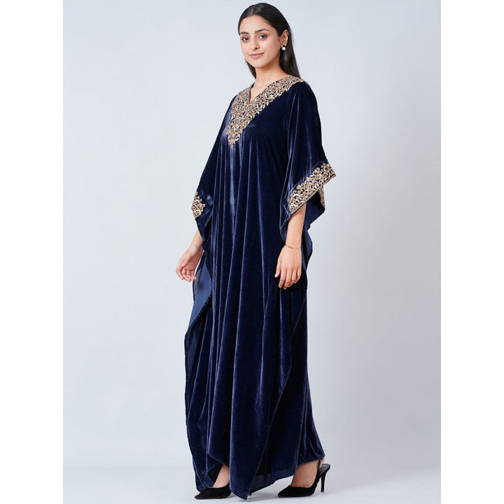 First Resort by Ramola Bachchan Blue Embroidered Silk Velvet Full Length Kaftan