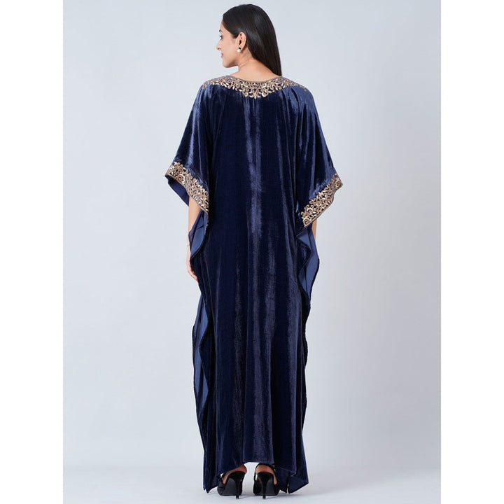 First Resort by Ramola Bachchan Blue Embroidered Silk Velvet Full Length Kaftan