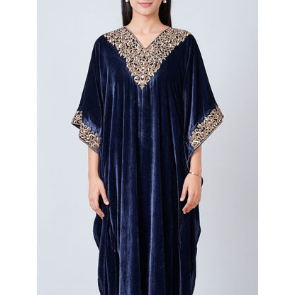 First Resort by Ramola Bachchan Blue Embroidered Silk Velvet Full Length Kaftan