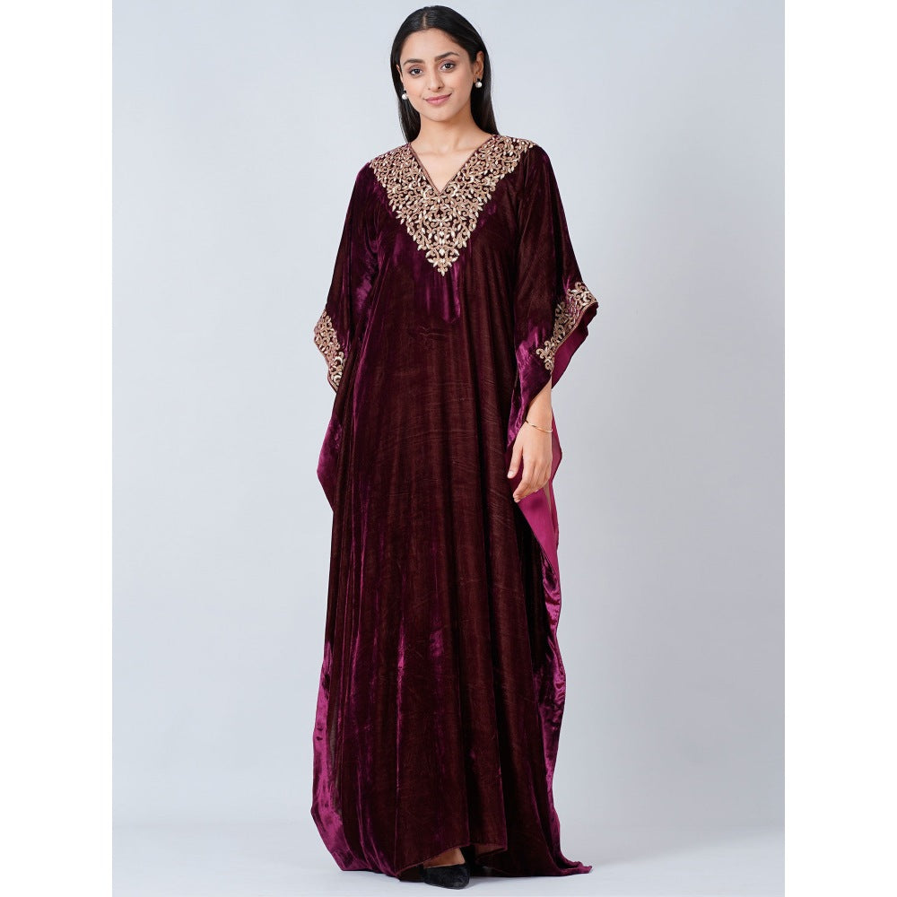 First Resort by Ramola Bachchan Maroon Embroidered Silk Velvet Full Length Kaftan