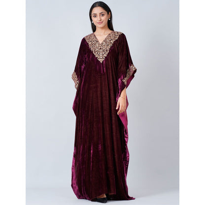 First Resort by Ramola Bachchan Maroon Embroidered Silk Velvet Full Length Kaftan