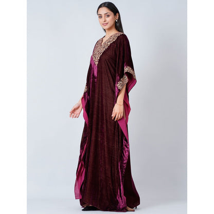First Resort by Ramola Bachchan Maroon Embroidered Silk Velvet Full Length Kaftan