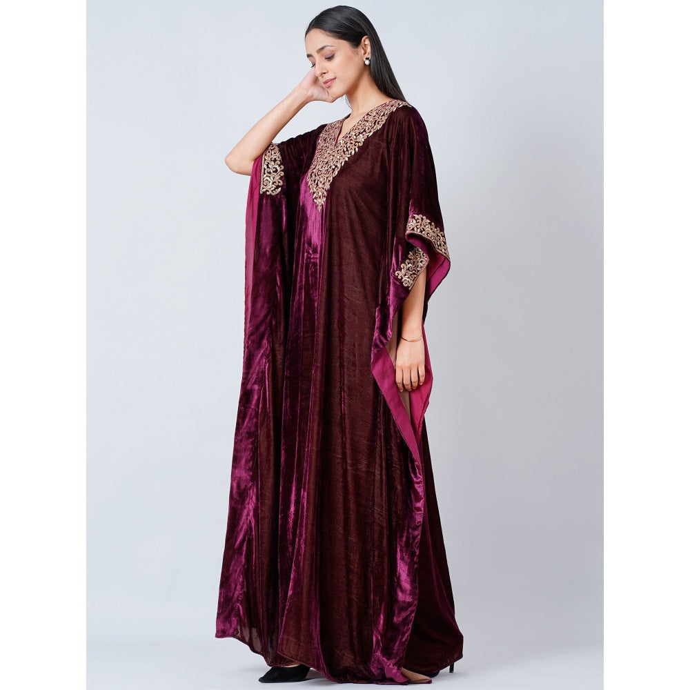 First Resort by Ramola Bachchan Maroon Embroidered Silk Velvet Full Length Kaftan
