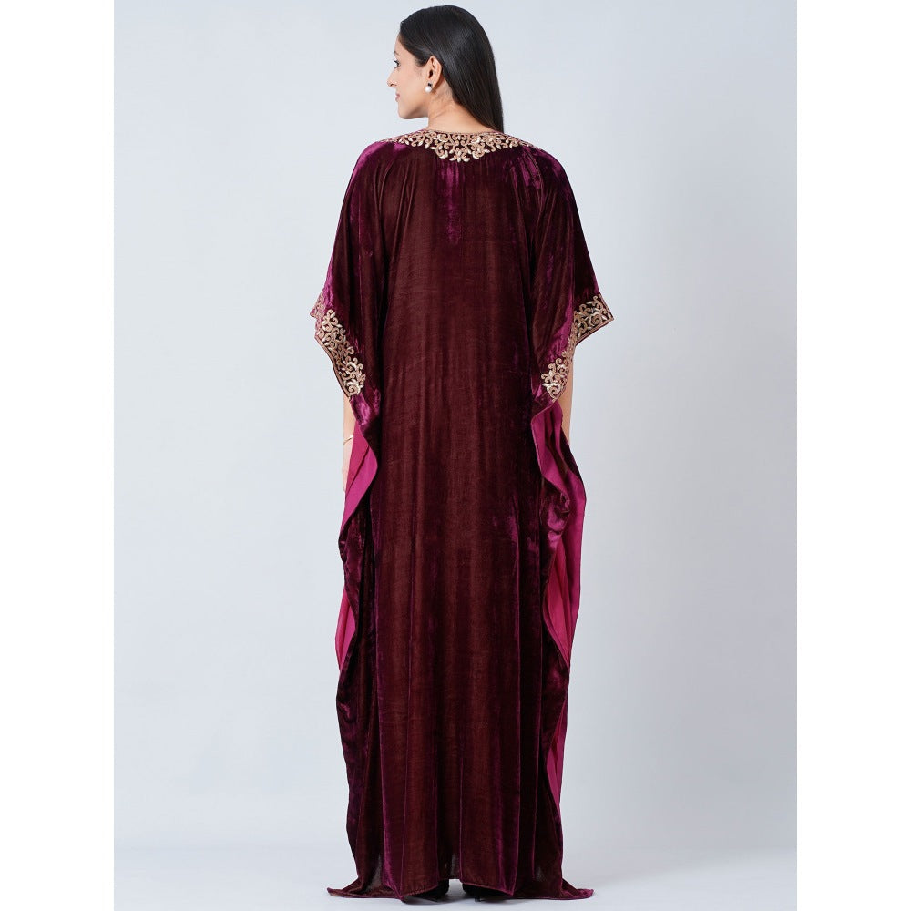 First Resort by Ramola Bachchan Maroon Embroidered Silk Velvet Full Length Kaftan