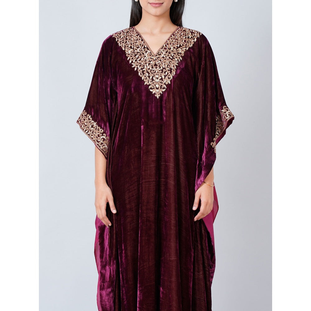 First Resort by Ramola Bachchan Maroon Embroidered Silk Velvet Full Length Kaftan