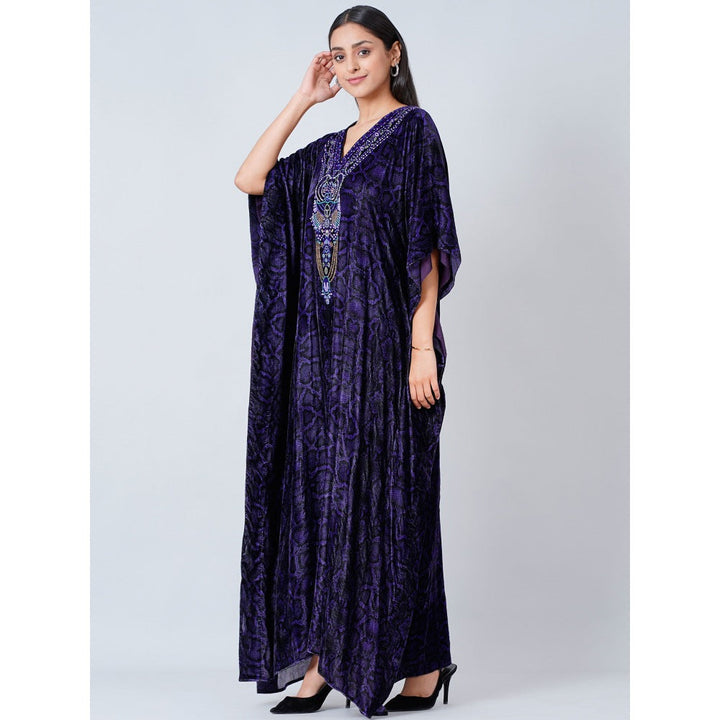 First Resort by Ramola Bachchan Purple Crystal Embellished Silk Velvet Full Length Kaftan