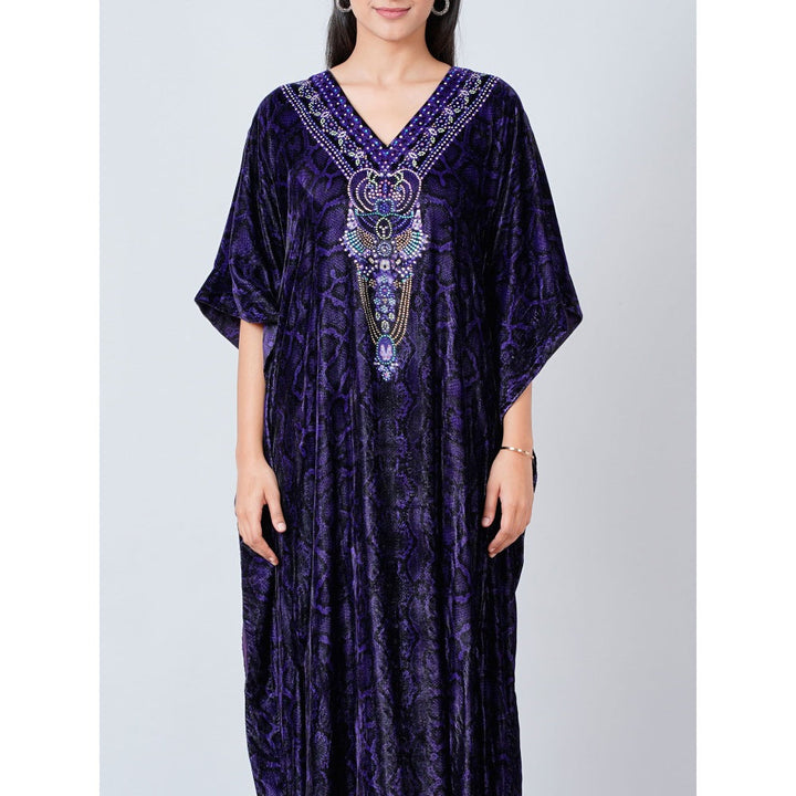 First Resort by Ramola Bachchan Purple Crystal Embellished Silk Velvet Full Length Kaftan