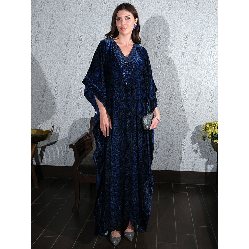First Resort by Ramola Bachchan Blue Animal Print Embellished Silk Velvet Full Length Kaftan