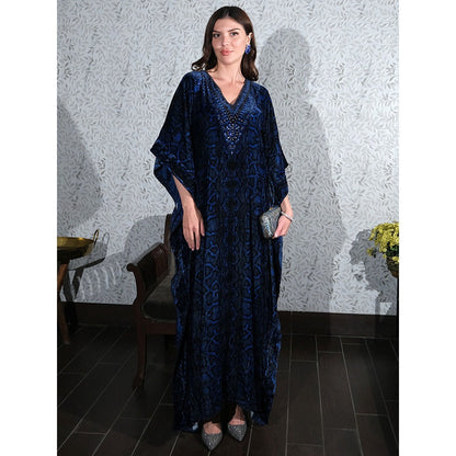 First Resort by Ramola Bachchan Blue Animal Print Embellished Silk Velvet Full Length Kaftan