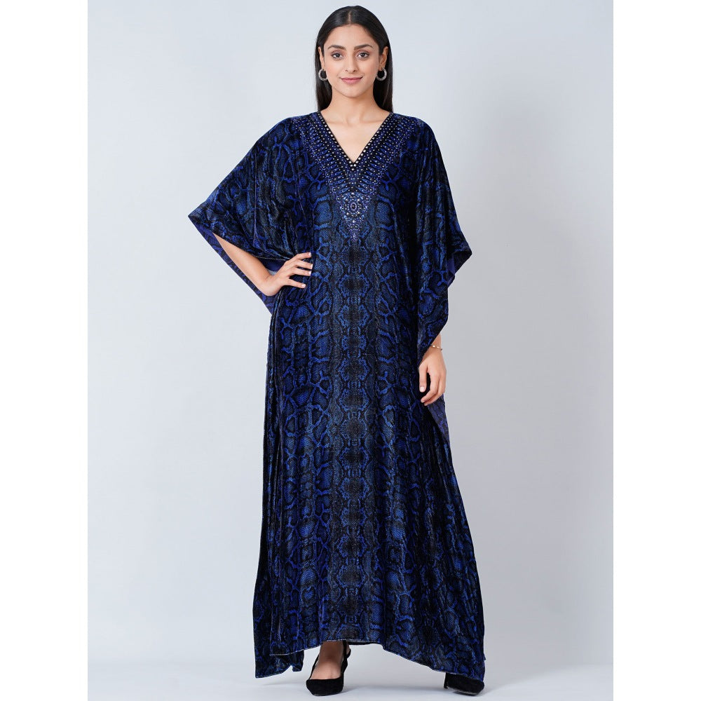 First Resort by Ramola Bachchan Blue Animal Print Embellished Silk Velvet Full Length Kaftan