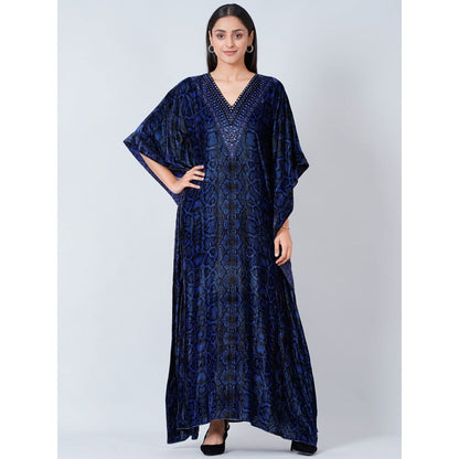 First Resort by Ramola Bachchan Blue Animal Print Embellished Silk Velvet Full Length Kaftan