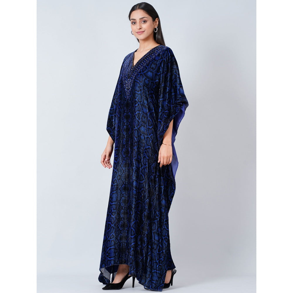 First Resort by Ramola Bachchan Blue Animal Print Embellished Silk Velvet Full Length Kaftan