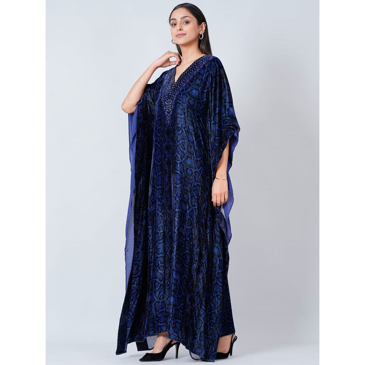 First Resort by Ramola Bachchan Blue Animal Print Embellished Silk Velvet Full Length Kaftan