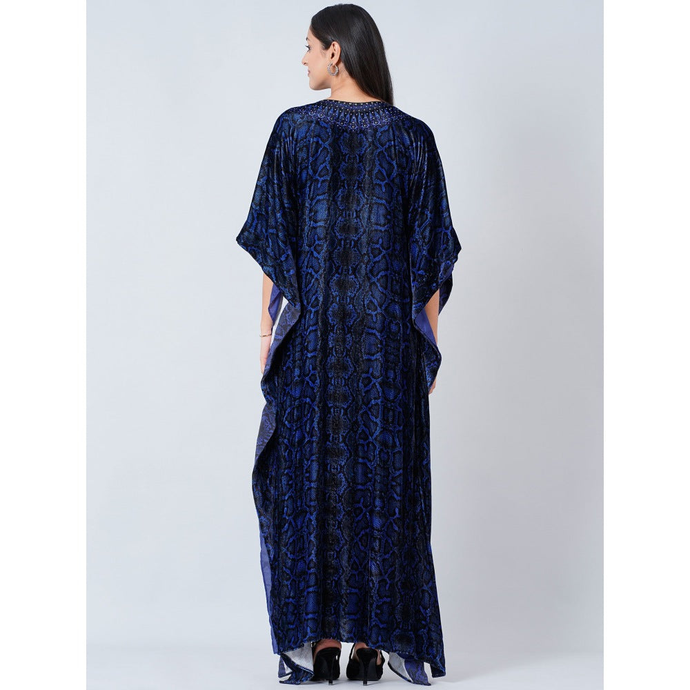First Resort by Ramola Bachchan Blue Animal Print Embellished Silk Velvet Full Length Kaftan
