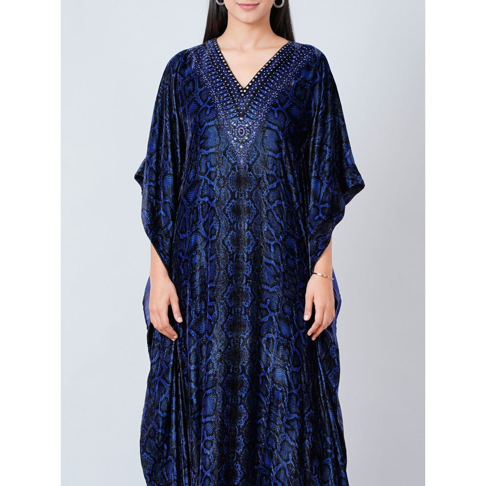 First Resort by Ramola Bachchan Blue Animal Print Embellished Silk Velvet Full Length Kaftan