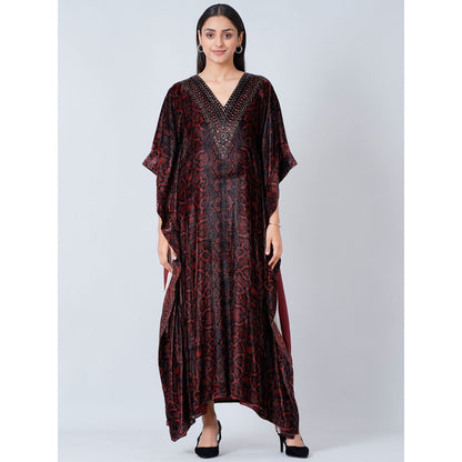 First Resort by Ramola Bachchan Maroon Animal Print Embellished Silk Velvet Full Length Kaftan