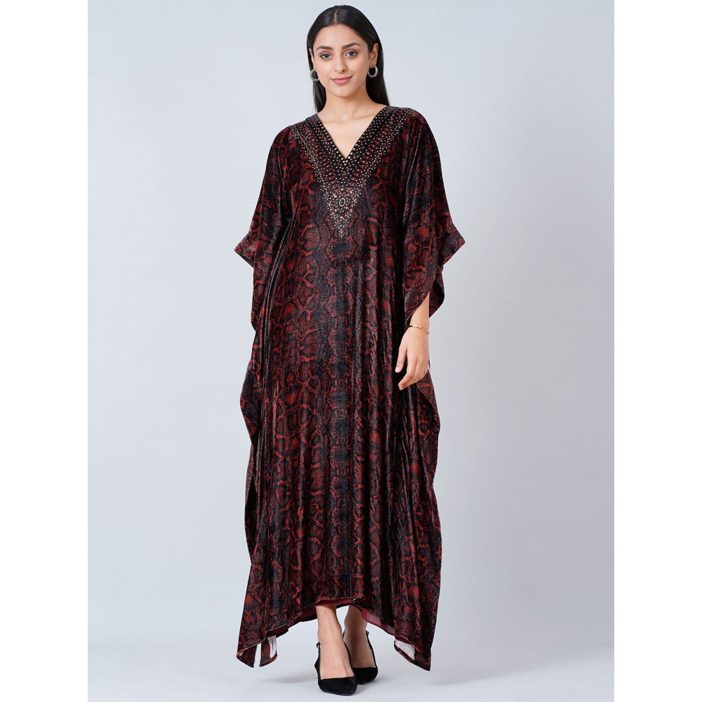 First Resort by Ramola Bachchan Maroon Animal Print Embellished Silk Velvet Full Length Kaftan