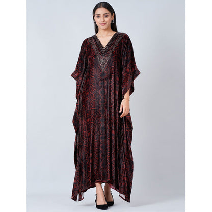 First Resort by Ramola Bachchan Maroon Animal Print Embellished Silk Velvet Full Length Kaftan