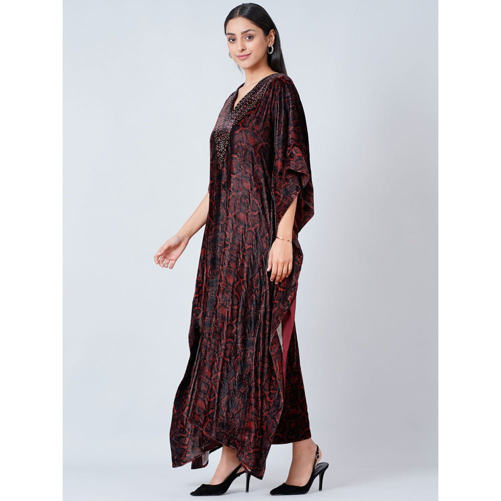First Resort by Ramola Bachchan Maroon Animal Print Embellished Silk Velvet Full Length Kaftan