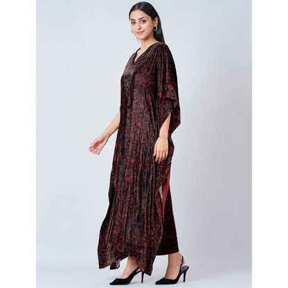 First Resort by Ramola Bachchan Maroon Animal Print Embellished Silk Velvet Full Length Kaftan