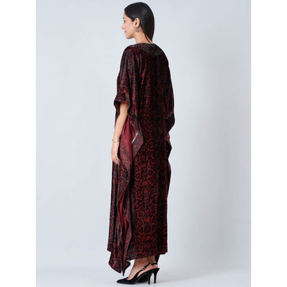 First Resort by Ramola Bachchan Maroon Animal Print Embellished Silk Velvet Full Length Kaftan