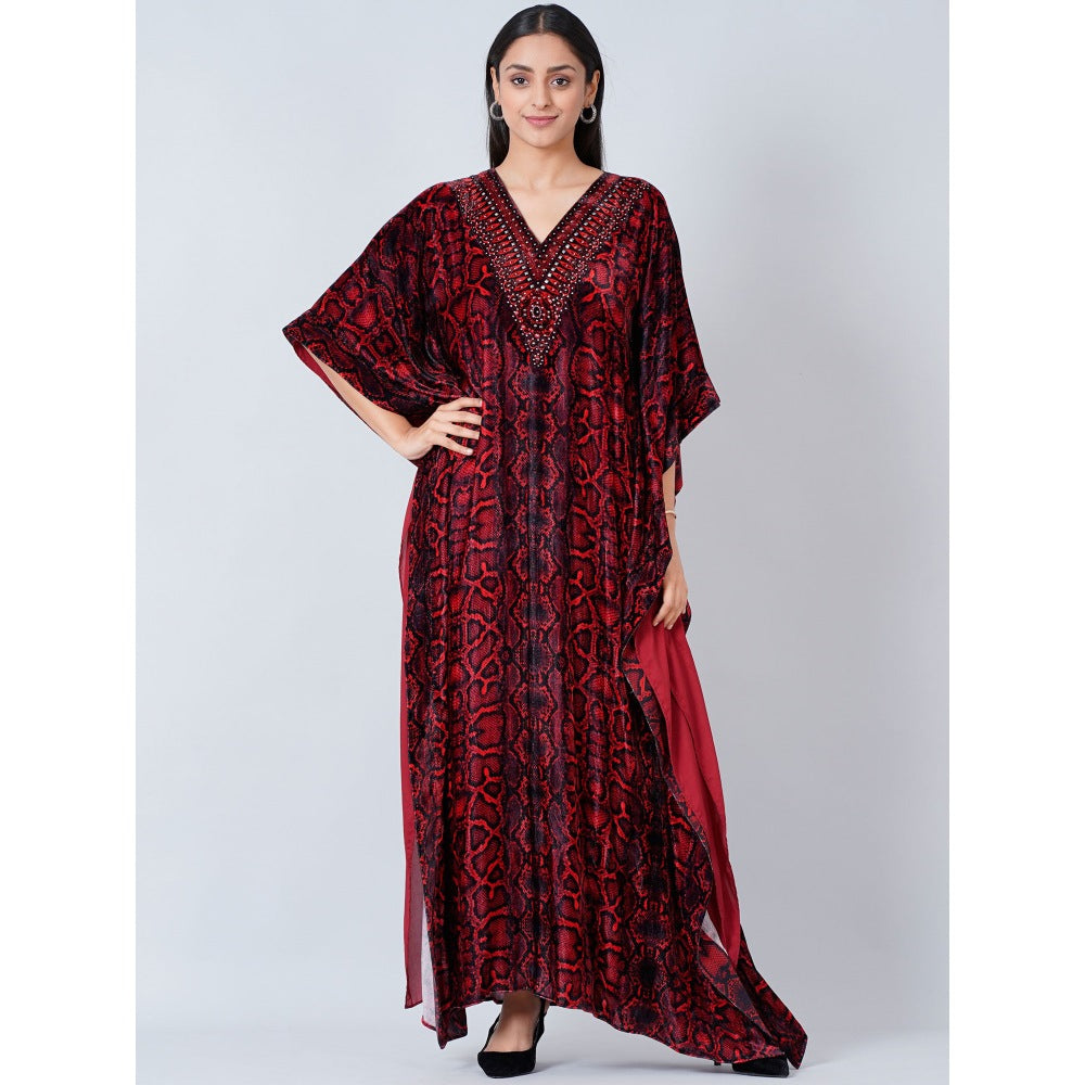 First Resort by Ramola Bachchan Maroon Animal Print Embellished Silk Velvet Full Length Kaftan