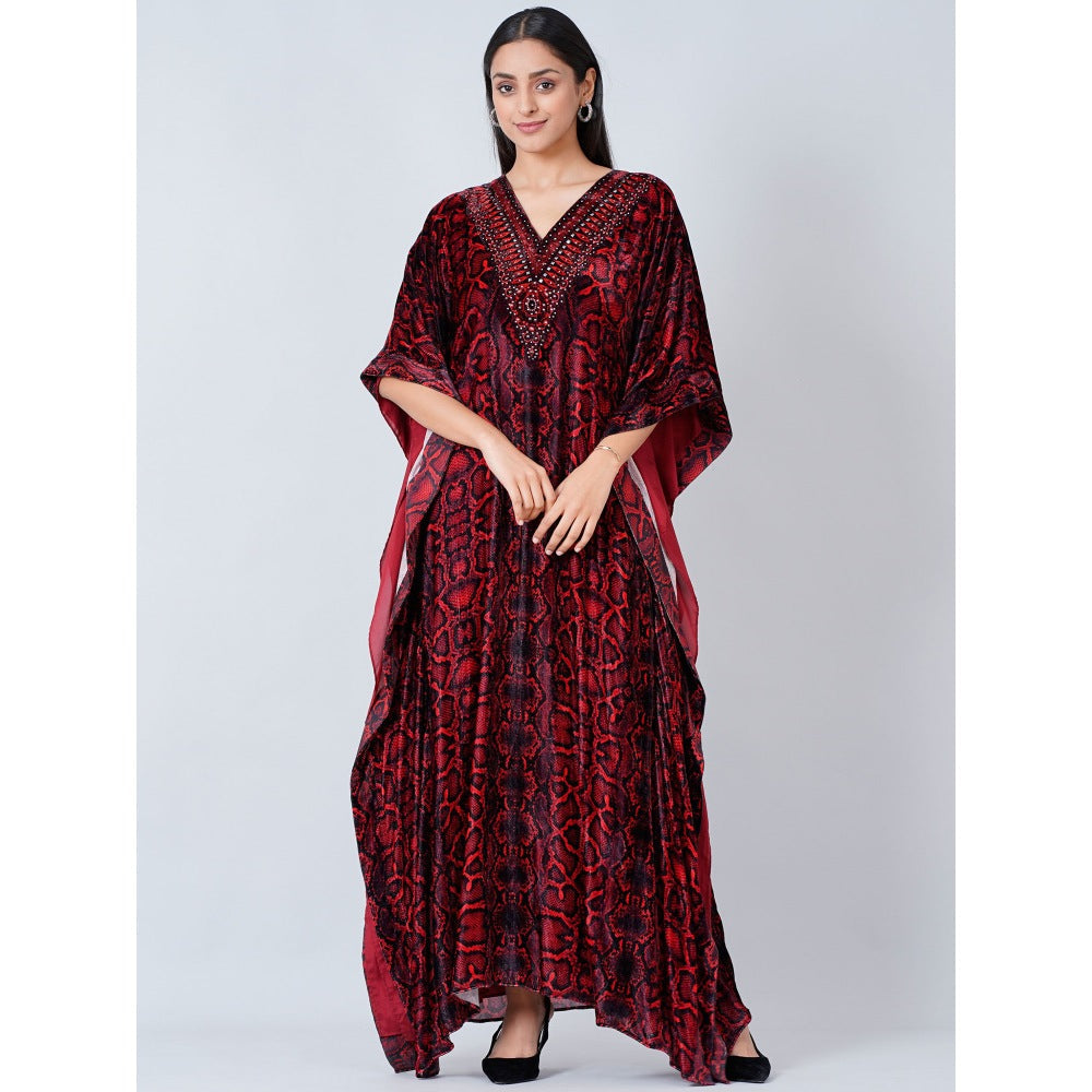 First Resort by Ramola Bachchan Maroon Animal Print Embellished Silk Velvet Full Length Kaftan