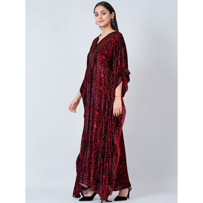 First Resort by Ramola Bachchan Maroon Animal Print Embellished Silk Velvet Full Length Kaftan
