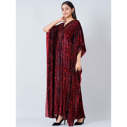 First Resort by Ramola Bachchan Maroon Animal Print Embellished Silk Velvet Full Length Kaftan