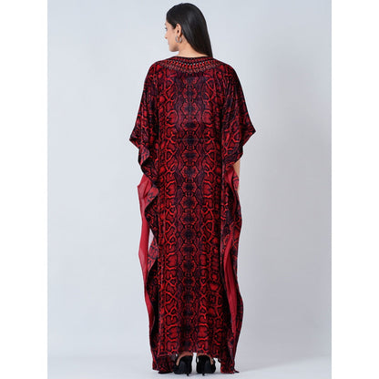 First Resort by Ramola Bachchan Maroon Animal Print Embellished Silk Velvet Full Length Kaftan