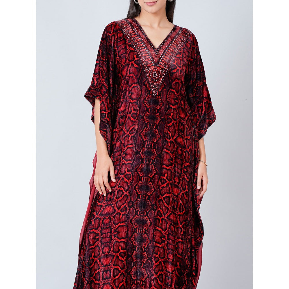 First Resort by Ramola Bachchan Maroon Animal Print Embellished Silk Velvet Full Length Kaftan