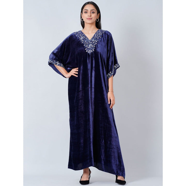 First Resort by Ramola Bachchan Navy Blue Hand Embroidered Silk Velvet Full Length Kaftan