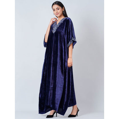 First Resort by Ramola Bachchan Navy Blue Hand Embroidered Silk Velvet Full Length Kaftan